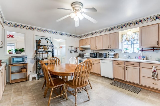 kitchen featuring white appliances, light brown cabinets, under cabinet range hood, and a wealth of natural light