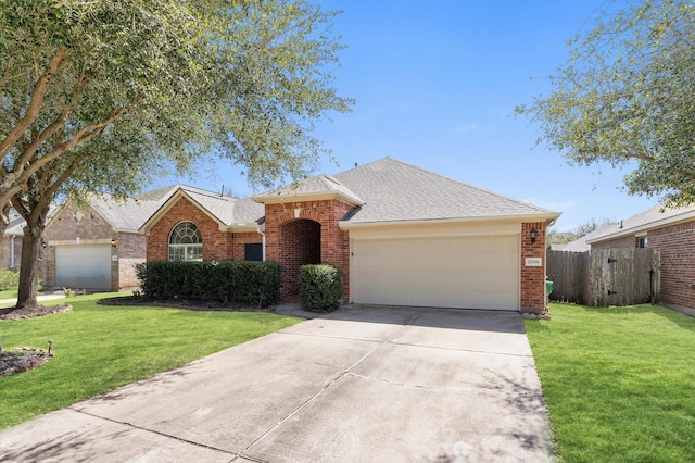 ranch-style house featuring a garage, concrete driveway, brick siding, and a front yard