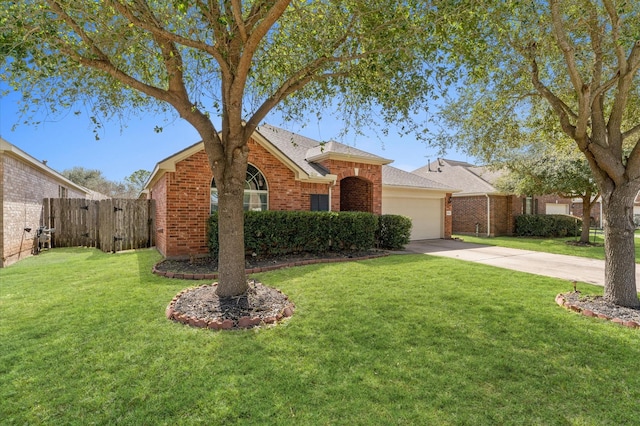 ranch-style house featuring a garage, brick siding, fence, driveway, and a gate