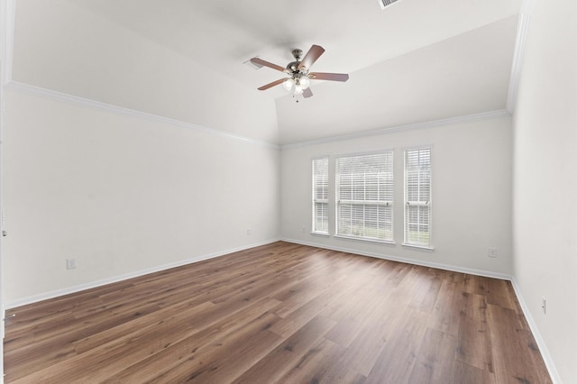 spare room with ceiling fan, baseboards, wood finished floors, and lofted ceiling