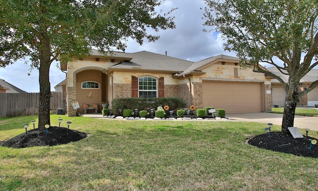 view of front of house with concrete driveway, a front lawn, fence, and brick siding