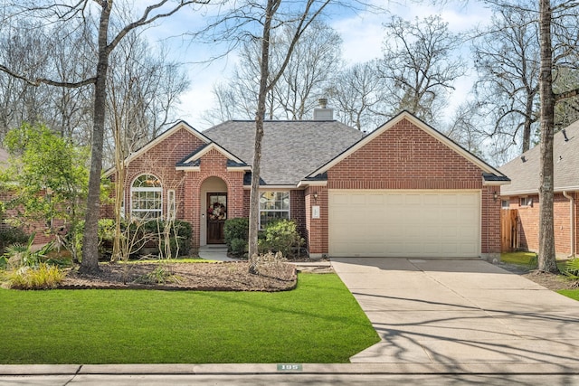 view of front facade with a garage, concrete driveway, a chimney, roof with shingles, and brick siding