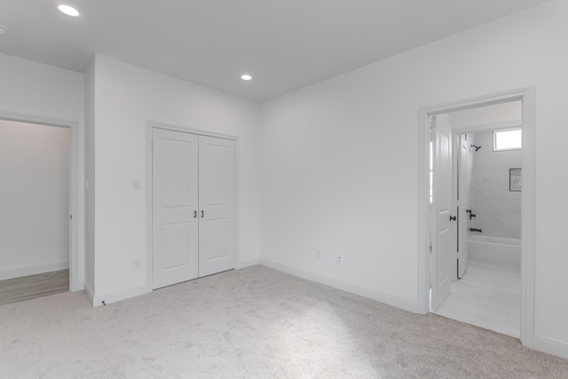 unfurnished bedroom with baseboards, carpet floors, and recessed lighting