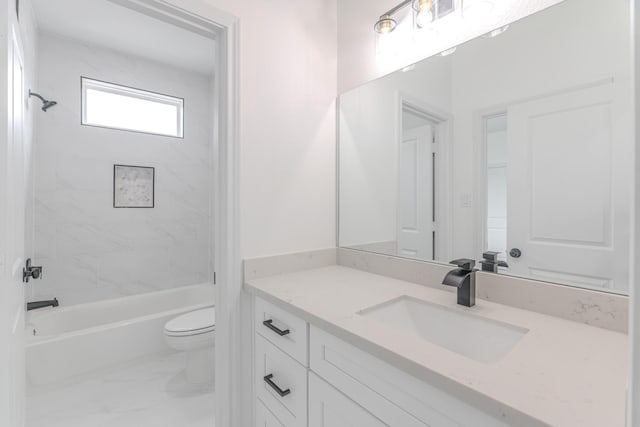 full bath with marble finish floor, vanity, toilet, and shower / bathtub combination