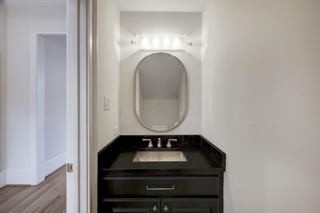 bathroom with wood finished floors and vanity