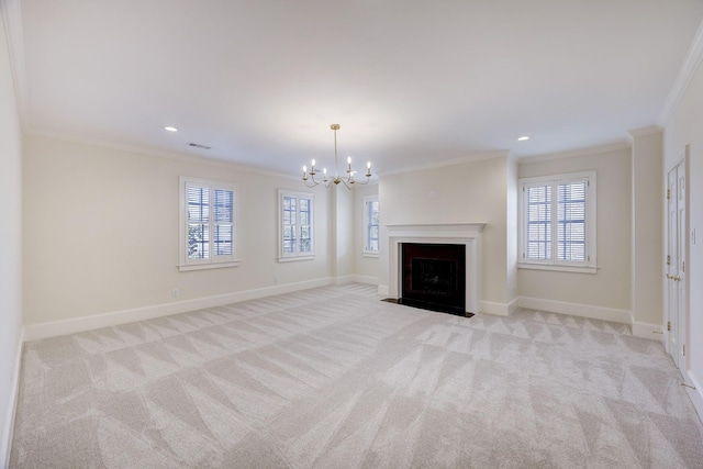 unfurnished living room featuring baseboards, carpet floors, visible vents, and crown molding