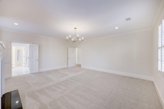 spare room with light carpet, an inviting chandelier, visible vents, and baseboards