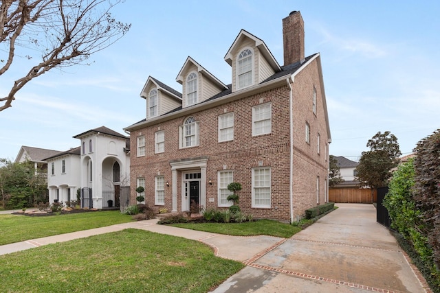 view of front facade featuring brick siding, a front lawn, a chimney, and fence