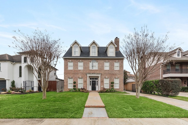 colonial-style house with a front yard, brick siding, fence, and a chimney