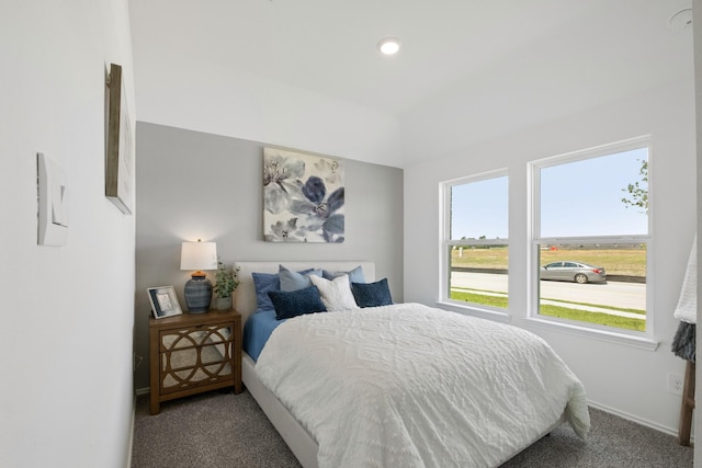 bedroom with recessed lighting, carpet flooring, and baseboards