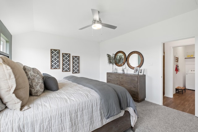 carpeted bedroom with lofted ceiling, washer / clothes dryer, ceiling fan, and baseboards