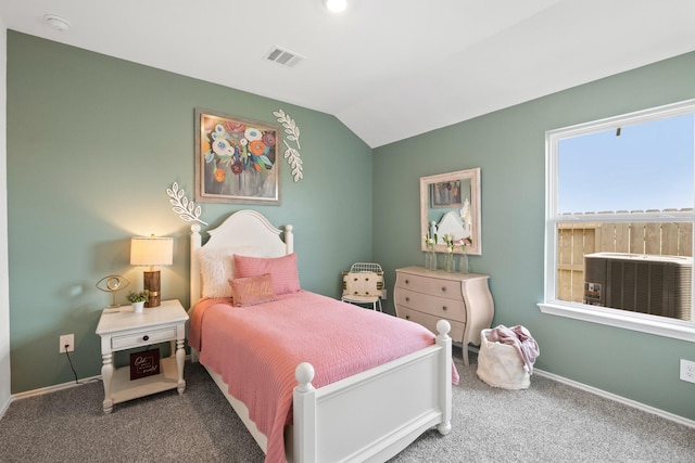 bedroom with lofted ceiling, baseboards, visible vents, and carpet flooring