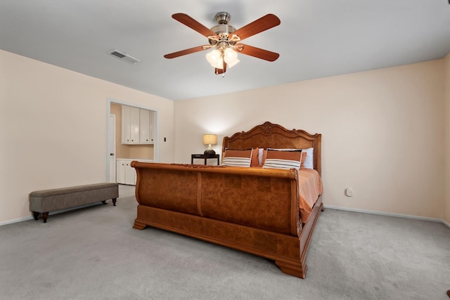 bedroom featuring a ceiling fan, baseboards, visible vents, and carpet flooring