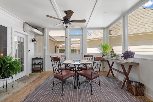 17302 Loring Ln, Spring, TX 77388 - sunroom featuring a ceiling fan, wood finished floors, and outdoor dining space