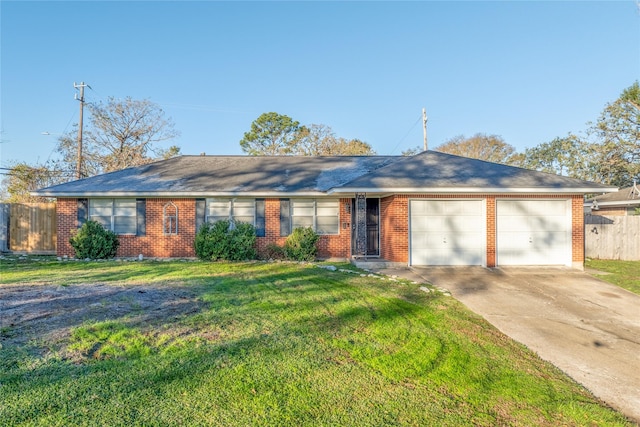 ranch-style house with a garage, fence, concrete driveway, and brick siding