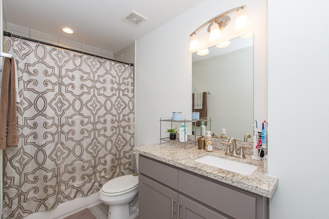 full bath with recessed lighting, visible vents, toilet, shower / tub combo, and vanity