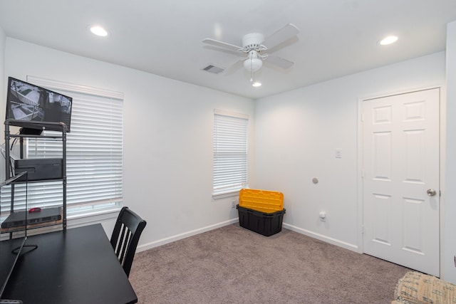 carpeted office with ceiling fan, recessed lighting, visible vents, and baseboards