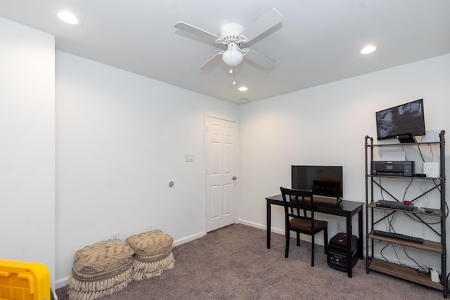 home office featuring baseboards, a ceiling fan, carpet flooring, and recessed lighting