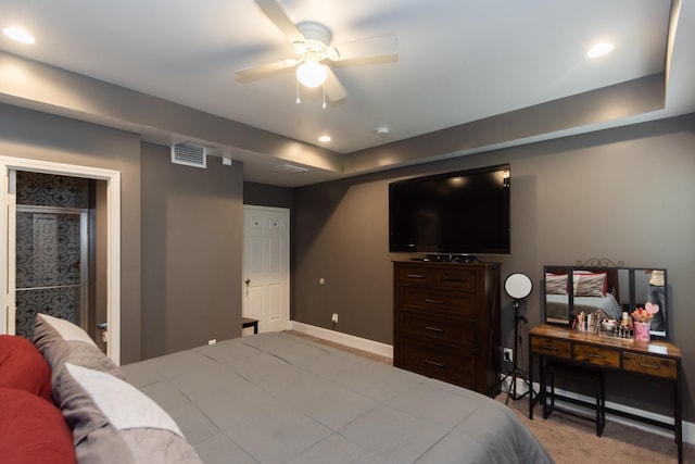 carpeted bedroom with baseboards, visible vents, a ceiling fan, and recessed lighting