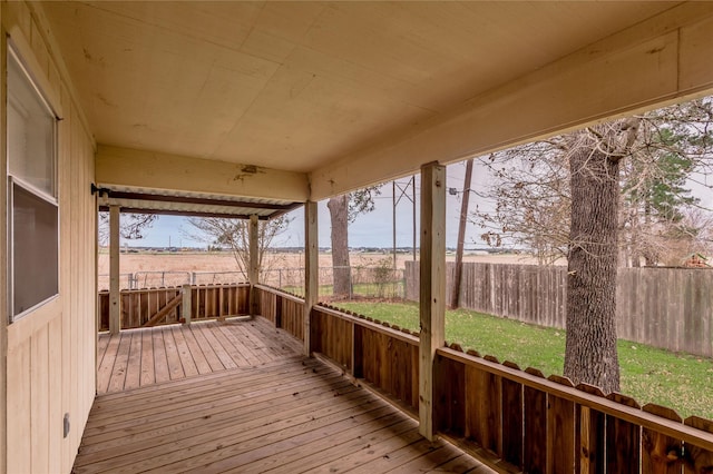 wooden deck with a fenced backyard and a lawn