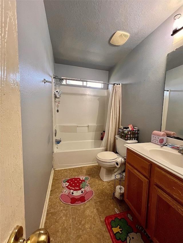 bathroom featuring shower / tub combo with curtain, toilet, a textured ceiling, vanity, and tile patterned flooring