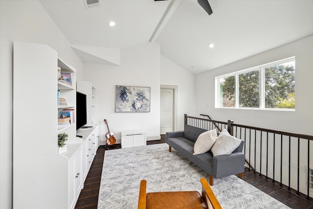 living area featuring dark wood-style flooring, vaulted ceiling with beams, recessed lighting, visible vents, and ceiling fan