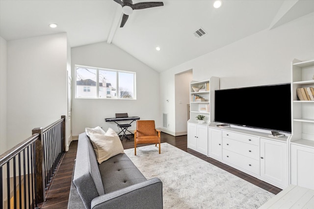 living area featuring visible vents, a ceiling fan, dark wood-type flooring, vaulted ceiling with beams, and recessed lighting