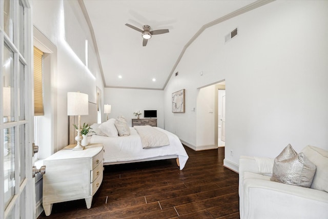 bedroom with dark wood-style flooring, visible vents, ornamental molding, high vaulted ceiling, and baseboards