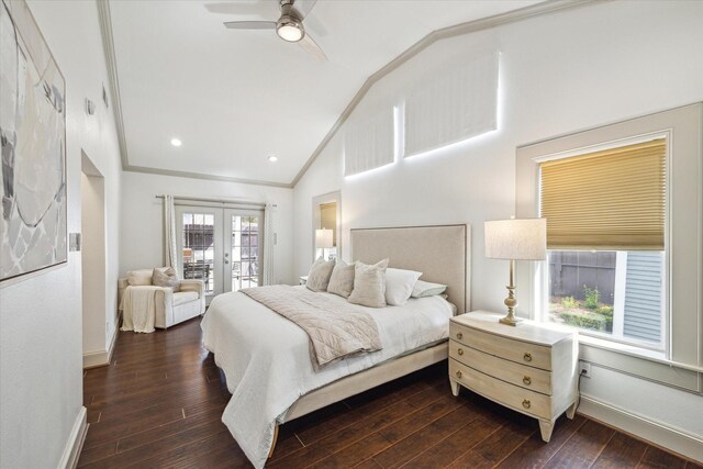 bedroom featuring baseboards, dark wood finished floors, vaulted ceiling, crown molding, and french doors