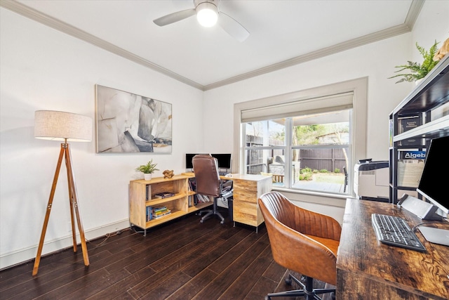 office space with a ceiling fan, baseboards, ornamental molding, and wood finished floors