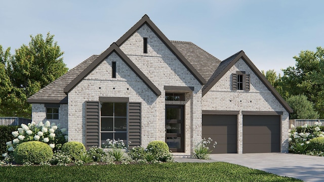 french country inspired facade featuring an attached garage, concrete driveway, and brick siding