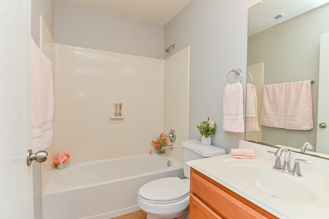 full bath with tub / shower combination, visible vents, toilet, and vanity