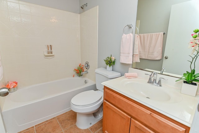 full bath featuring tile patterned floors, shower / bath combination, toilet, and vanity