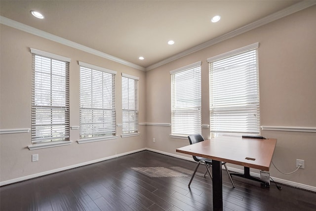 unfurnished office featuring baseboards, ornamental molding, dark wood-type flooring, and recessed lighting