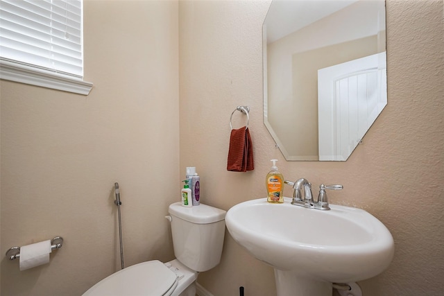 bathroom featuring a textured wall, a sink, and toilet