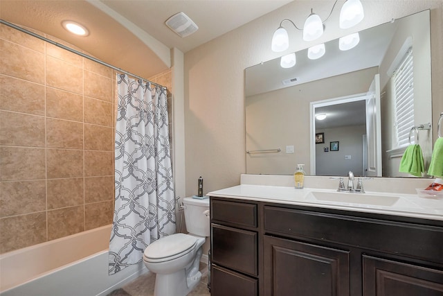 full bath with shower / bath combination with curtain, visible vents, vanity, and toilet