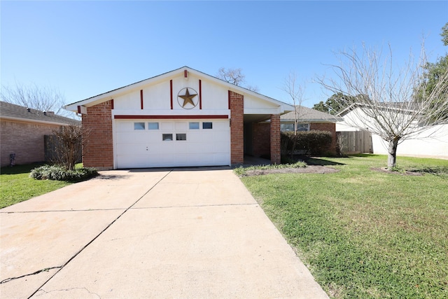 view of front facade featuring concrete driveway, brick siding, fence, and a front lawn