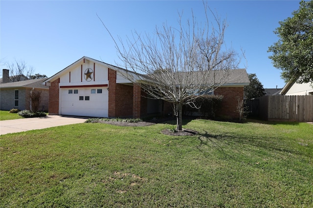 view of front of house featuring an attached garage, a front yard, fence, and brick siding