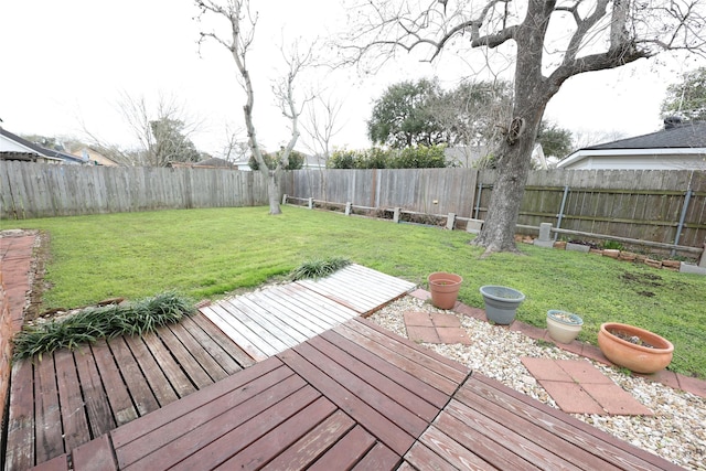 deck with a lawn and a fenced backyard