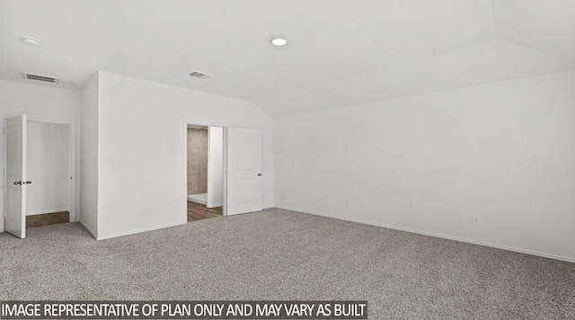 unfurnished bedroom featuring carpet floors, recessed lighting, visible vents, and lofted ceiling