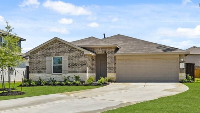 14615 Lost Cave Way, New Caney, TX 77357 - view of front facade featuring a front lawn, stone siding, concrete driveway, brick siding, and a garage
