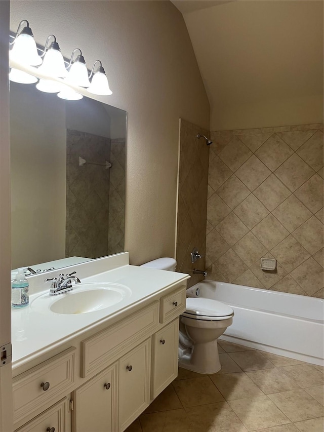 bathroom featuring toilet, shower / tub combination, tile patterned flooring, vaulted ceiling, and vanity