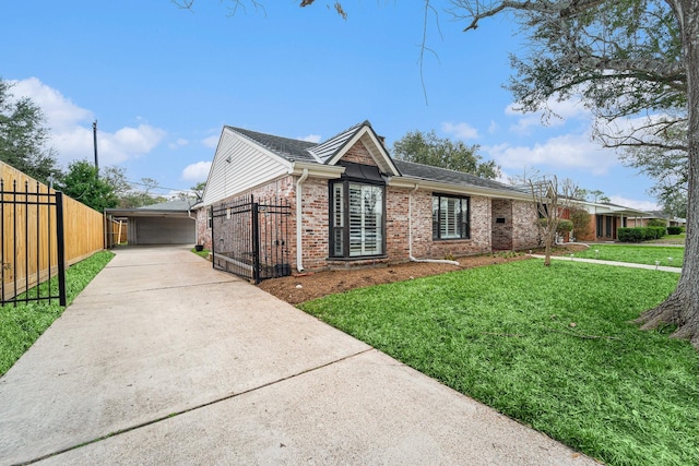 single story home with brick siding, a front yard, and fence