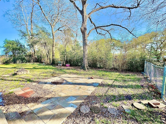 view of yard with a fire pit, a patio area, and a fenced backyard