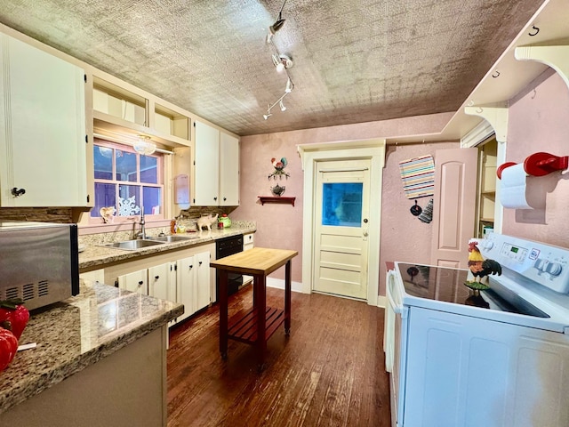 kitchen featuring white range with electric stovetop, dark wood-type flooring, a sink, track lighting, and dishwasher