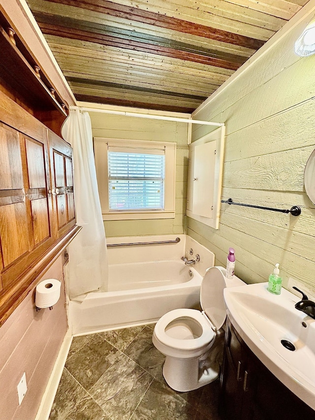 full bathroom featuring shower / bathtub combination with curtain, toilet, wood ceiling, wooden walls, and vanity