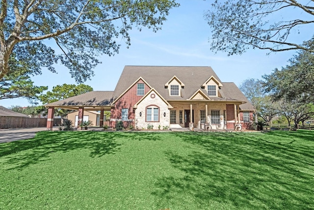 view of front facade featuring brick siding, fence, and a front yard