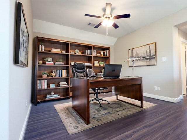 office space with visible vents, baseboards, wood finished floors, and a ceiling fan