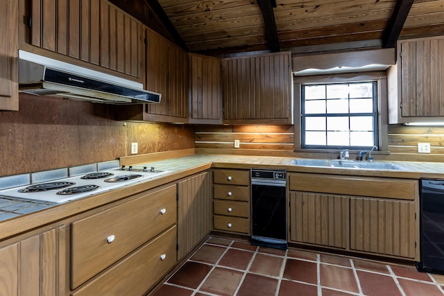 kitchen featuring white electric stovetop, dark tile patterned flooring, wood ceiling, vaulted ceiling with beams, and under cabinet range hood