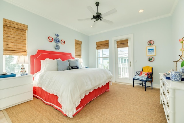 bedroom featuring access to exterior, recessed lighting, crown molding, and a ceiling fan